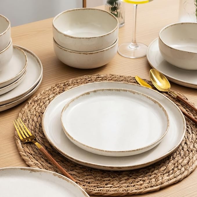 AmorArc Ceramic Dinnerware Sets, Wavy Rim Stoneware Plates and Bowls Sets, Highly Chip and Crack Resistant | Dishwasher & Microwave Dishes set, Service for 4 (12pc)-Cappuccino