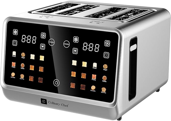 MAGNAVOX HOME, Culinary Chef 4 Slice Smart Toaster, Touchscreen, Wide Slots- Bread, English Muffins, Croissants, and Bagels, 5 Adjustable Toast Settings, Cancel/Defrost, 6 Bread Types & Shade Settings