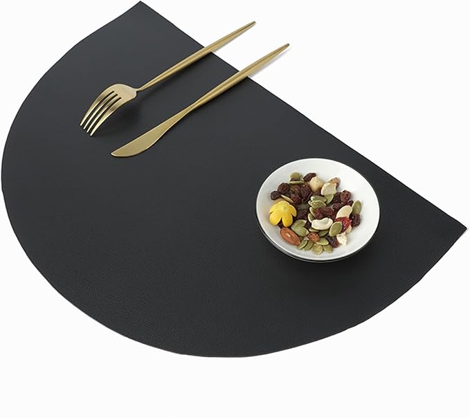 Semicircle PU Leather Table Mat Waterproof Heat Insulation Non-Slip Placemat Tableware Pad Coaster Kitchen Accessories 4pcs(Black)