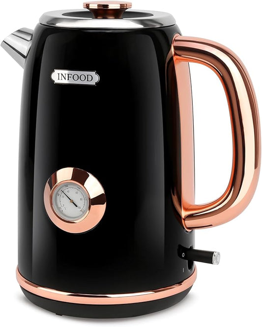 INFOOD Retro Electric Kettle 1.7L/57oz with Thermometer - 1500W Fast Boiling Stainless Steel Hot Water Tea Kettle, BPA-Free, Cordless, Auto Shut-Off, Boil-Dry Protection, Black