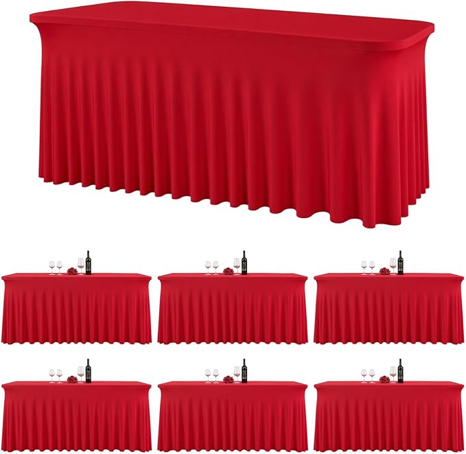 6 Pack Red Rectangle Tablecloth with Elastic Table Skirt – 6FT Fitted Spandex Table Cover, 72 Inch Wrinkle-Resistant & Stretchable for Christmas Wedding Banquet Party Buffet Restaurant