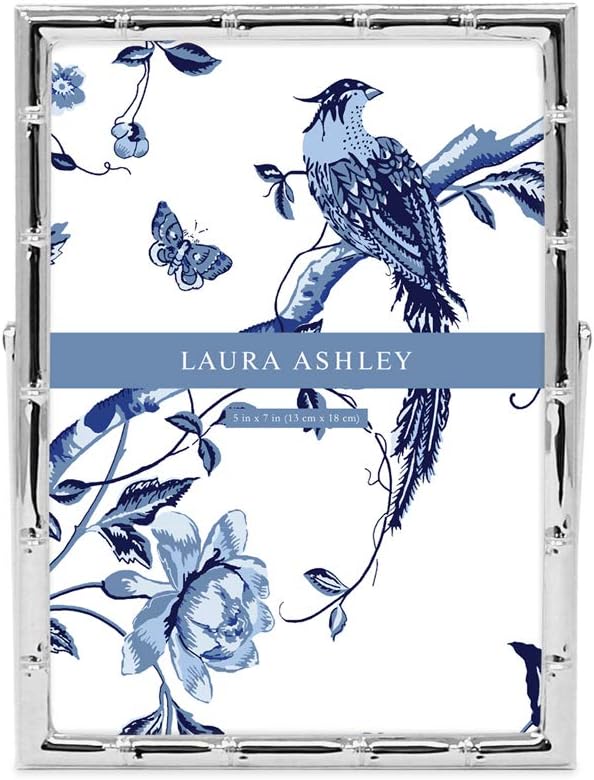 Laura Ashley 5x7 Silver Bamboo Metal Picture Frame (Vertical) with Pull-Out Easel Stand, Made for Tabletop, Counterspace, Shelf and Desk