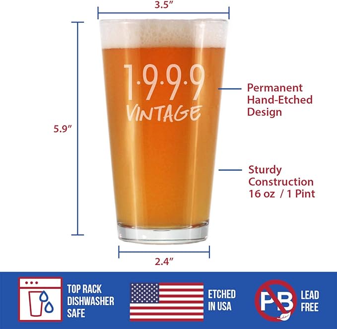 Bevvee Vintage 1999 Pint Glass for Beer - 27th Birthday Gifts for Men or Women Turning 27 - Fun Bday Party Decor - 16 oz