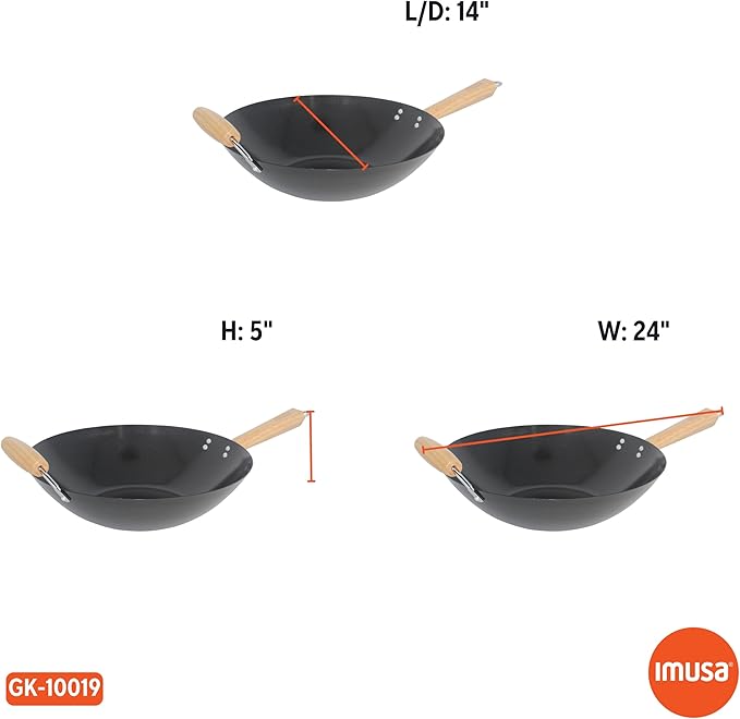 IMUSA 14in Carbon Steel Nonstick Wok with Wood Handles, Black