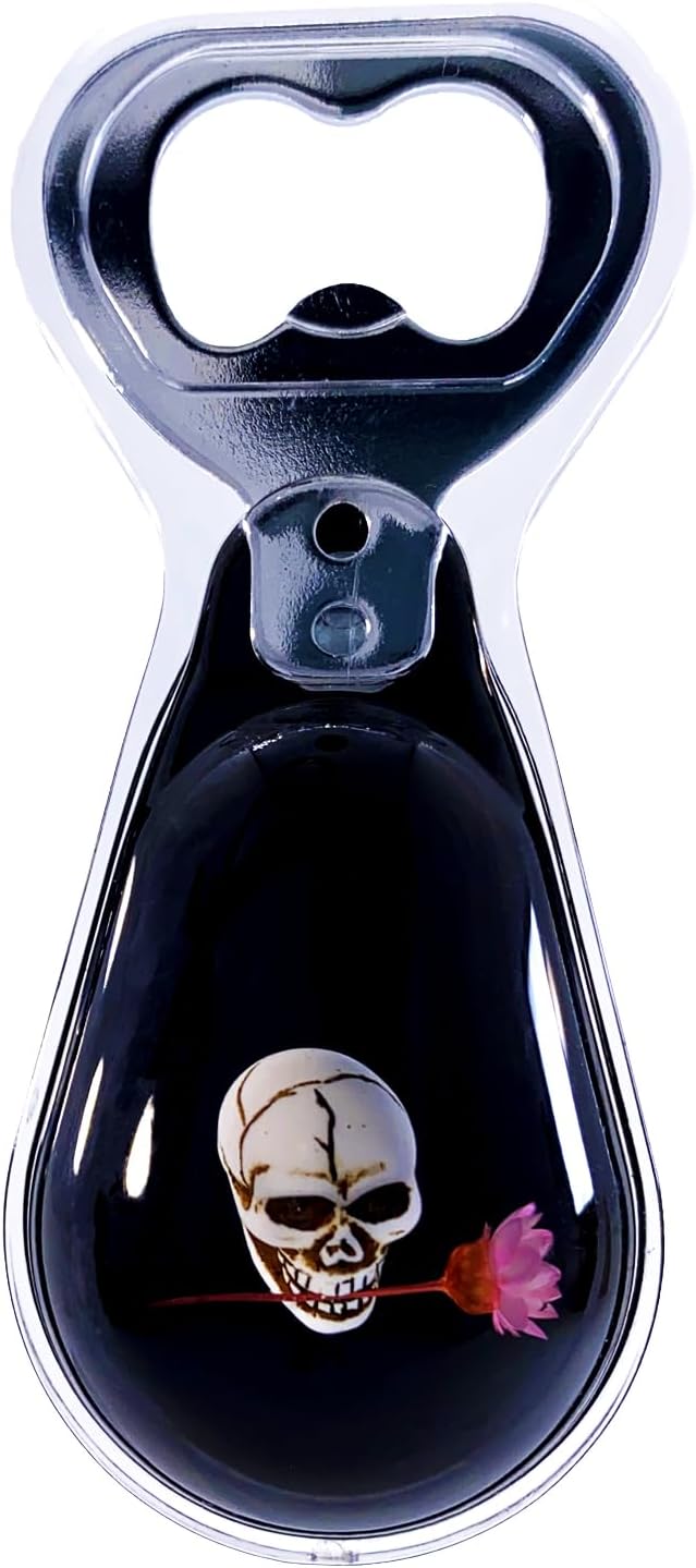 Magnetic Bottle Opener – Original Design Skull Biting Rose (Starflower) in Black Resin – Strong Magnet for Fridge – Lightweight Gift for Goth Decor & Bartenders – Black, 1 PCS