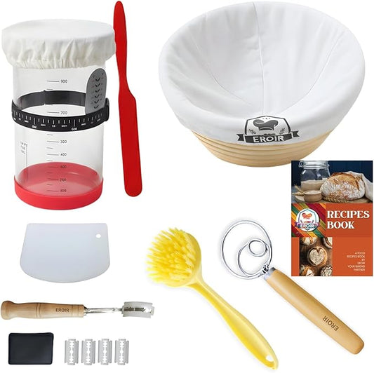 EROIR Sourdough Starter Kit - 38oz Glass Starter Jar with Date Marked Feeding Band, Thermometer, Jar Scraper, 9" Round Bread Proofing Basket, Dough Whisk, Lame, Bowl Scraper, Clean Brush, Recipes Book