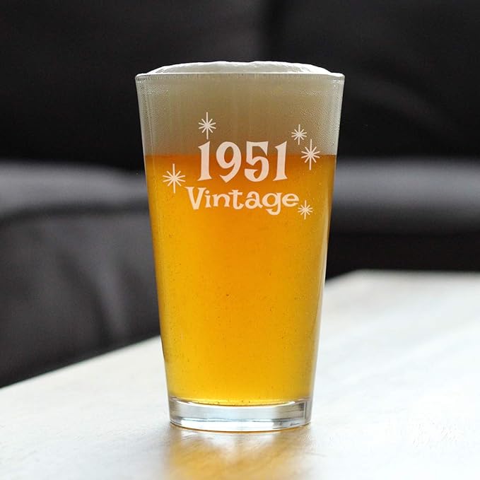Bevvee Vintage 1951 Pint Glass for Beer - 75th Birthday Gifts for Men or Women Turning 75 - Fun Bday Party Decor - 16 oz