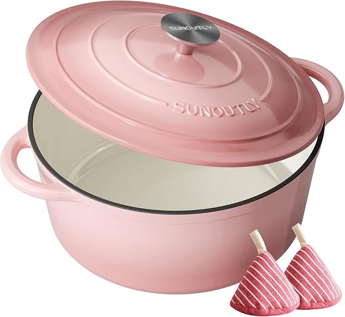 Enameled Cast Iron Dutch Oven - 7.5QT Dutch Oven Pot with Lid & Cotton Potholders - Heavy-Duty Non Stick Casserole Pot for Braising, Stews, Roasting, Baking, Suitable for All Stovetops, Gentle Pink