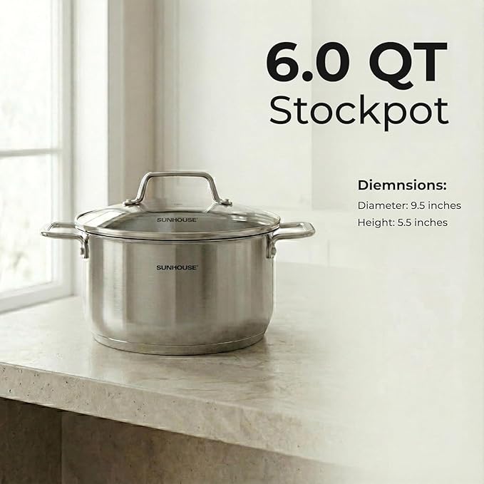 SUNHOUSE 18/8 Stainless Steel Stock Pot - 6 Quart Heavy-Duty Induction Cooking Pot with Visible Lid for Pasta, Soup, Spaghetti - Nonstick Thick-Bottom Deep Stockpot for Canning, Boiling, and Simmering