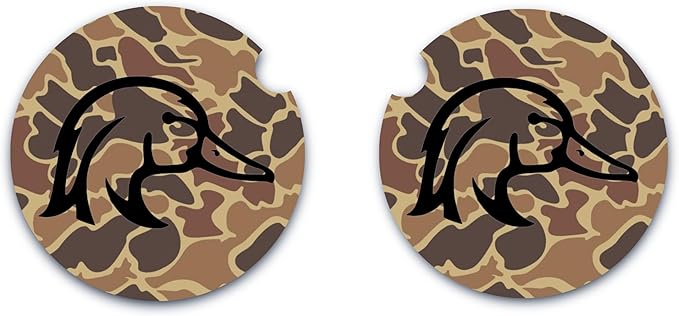 Old School Brown Camo Wood Duck Car Coasters, Set of Two, Car Cup Holder