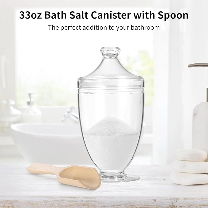 OMISTAR Acrylic Bath Salt Jar with Wooden Scoop, 33oz Bath Salt Container with Airtight Lid, Shatter Proof Acrylic Apothecary Jars, Bathroom Storage Organizer for Bathtub Decor, BPA Free