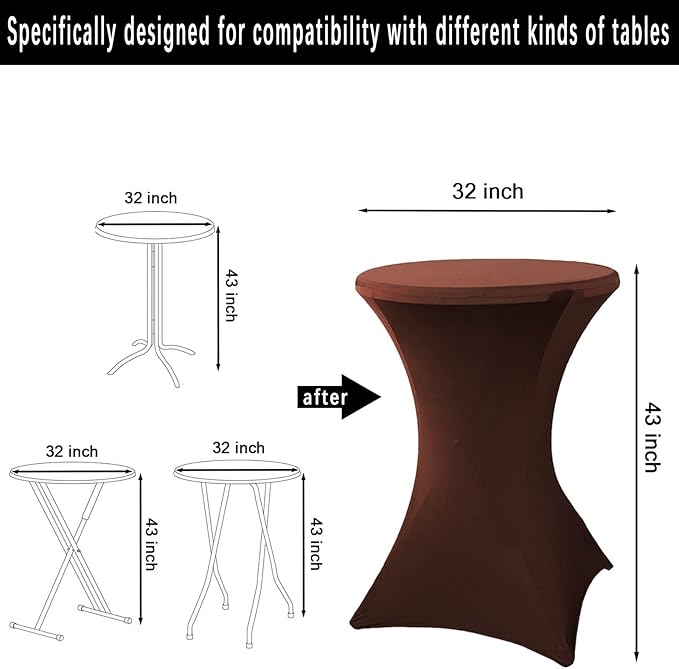 2 Pack 32x43 Inch Brown Cocktail Tablecloth Spandex Round Fitted Table Cover for Wedding Banquet Event Party