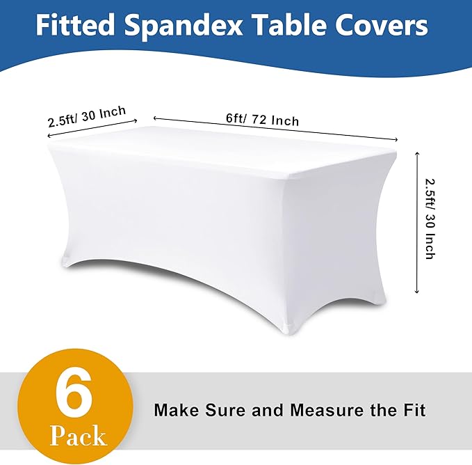 Table Cover for 6 foot Rectangle Tables-6 Pack White Fitted Stretch Tablecloth-Elastic Spandex 6ft Folding Tablecloths for Party, Vendor Booth Display, Banquet Buffet Event, Craft Trade Show