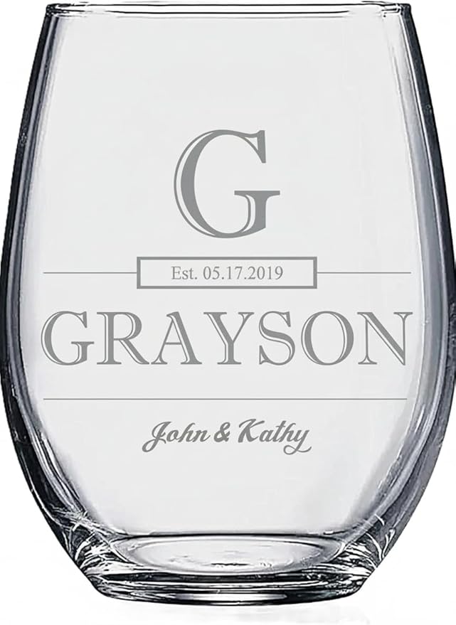 Custom Stemless Wine Glass for Him Personalized Wedding Wine Glass, Engraved With Your Engagement Gift, Wedding gifts or Anniversary Information! Customized Gifts for Women Gifts or Couples Gift
