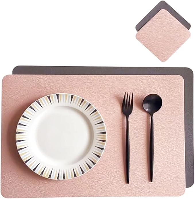 PU Place Mats Faux Leather Double Side Placemat and Coaster Set of 1/4/6 Easy to Clean Table Mat Waterproof Wipeable(DP Blue and Grey,4sets)