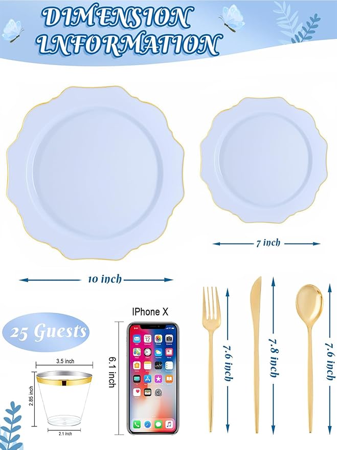 WDF 175Pcs Blue Plastic Plates - Heavy Duty Baby Blue Plates Disposable - 25Guests Plastic Dinnerware Ideal for Parties/Wedding/Baby Shower/Easter