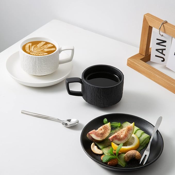 Rock Texture Embossed Ceramic Coffee Set Tea Set,Cappuccino Espresso,Novelty Ceramic cup and Saucer for Friends/Women/Men/Mother/Father,6 oz,Black