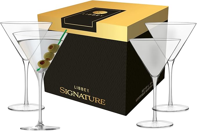 Libbey Signature Kentfield Martini Glasses, 10-Ounce, Set of 4, Made in USA, Dishwasher Safe, Elegant Cocktail Glassware, Gift Box