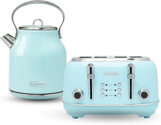 Haden Heritage 4 Slice Wide Slot Stainless Steel Toaster Bundled with 1.7 Liter Stainless Steel Electric Water Kettle, Turquoise & Chrome