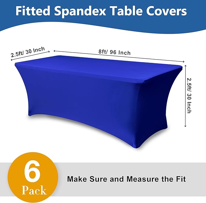 Spandex Table Cloths for 8 Foot Rectangle Tables-6 Pack Fitted Stretch Royal Blue Table Covers-Folding Tablecloths for Party, Vendor Booth Display, Banquet Buffet Event, Craft Trade Show