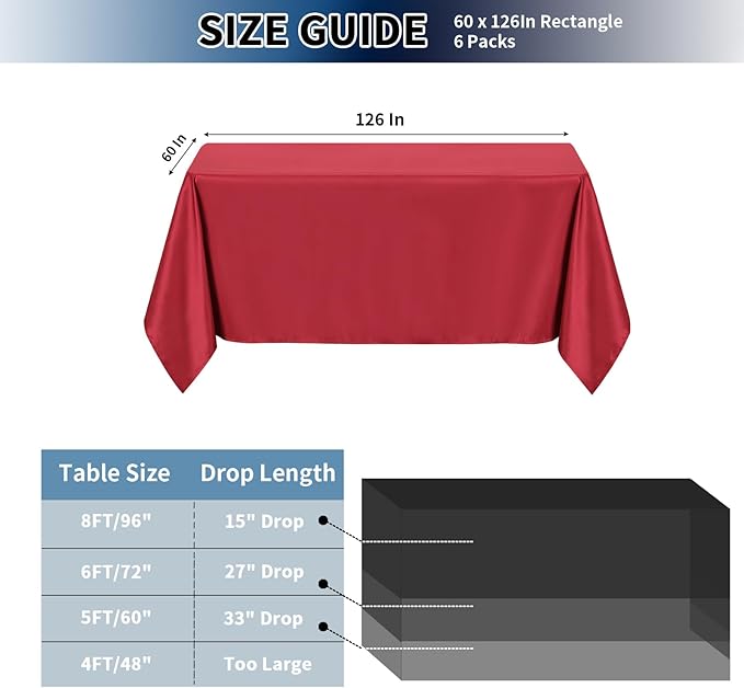 PureFit 6 Pack Rectangle Red Table Cloths 60 x 126 Inch for 6Ft Tables, Stain and Wrinkle Resistant Table Linens for Home Use, Wedding, Party, Banquet and Camping