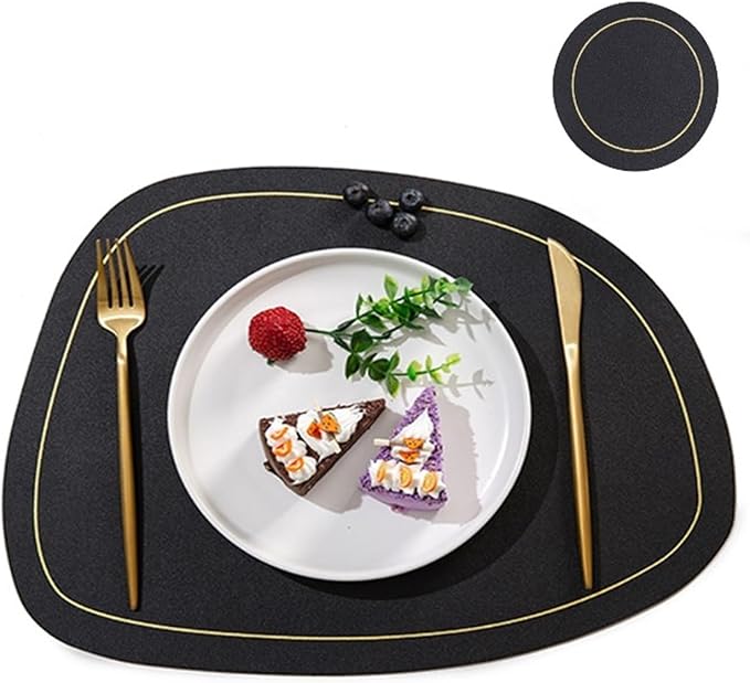 PU Leather Round Placemats and Coasters Easy to Clean Faux Leather Elegant Kitchen Parties Patio Dining Table Place Mat(SP Black)