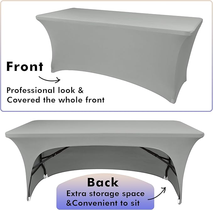 Nasitos 2 Pack Spandex 6 ft Fitted Table Cloth for Rectangle Table-Open Back Stretch Grey Tablecloth, Washable Fabric and Wrinkle Resistant Table Covers for Trade Show, Parties, Wedding, Craft Fair