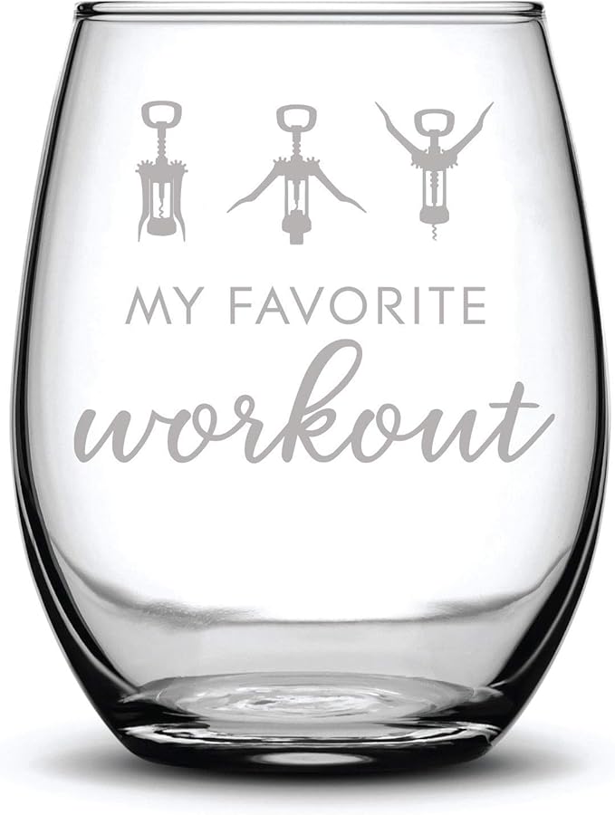 My Favorite Workout Funny Gift Laser Etched Wine Glass Cursive - 15 oz