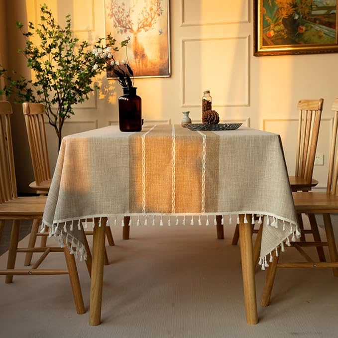 Pahajim Striped Tablecloth Rectangle with Tassels Thick Linen Cotton Table Cloth for Outdoor Picnic Dining and Holiday Kitchen Decor Rectangle/Oblong,55''x79'', 4-6 Seats