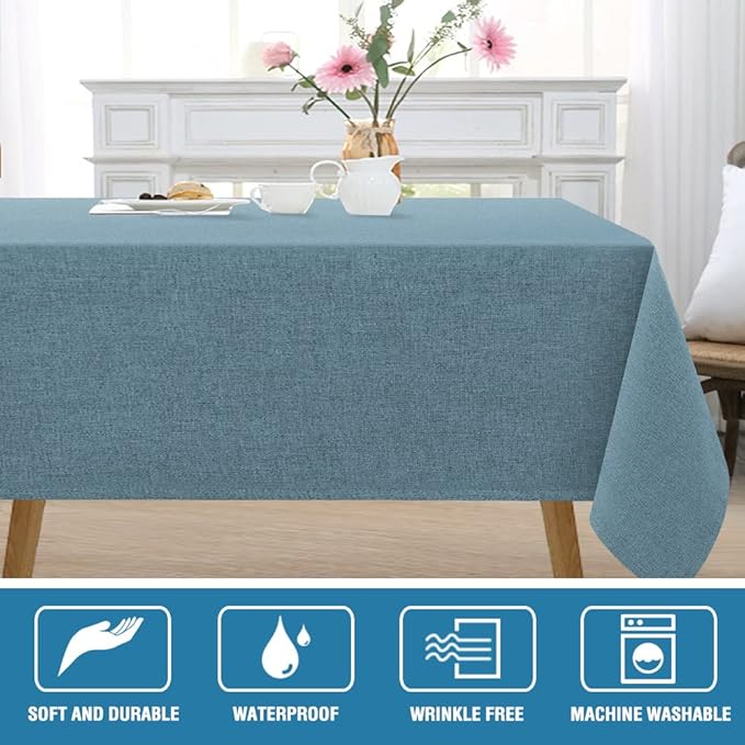H.VERSAILTEX Linen Textured Tablecloth 60 x 120 Waterproof Decorative Table Cloth Spill-Proof Linen Look Cover for Party Table Extra Soft and Thick Fabric Wrinkle Free, Heather Stone Blue