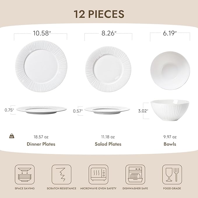 KINGSTONE Bone China Dinnerware Set, 12-Piece White Lightweight Porcelain with Textured Design Service for 4, Plates, Bowls, for Family Dining, Restaurants, Gifting, Microwave and Dishwasher Safe