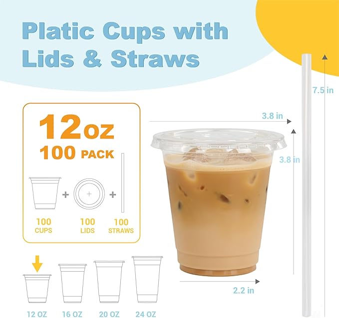 12 oz 100 Pack Disposable Clear Plastic Cups with Lids and Straws, Food Safe Bulk Iced Coffee Cups for Smoothies, Milkshakes and Other Cold Drinks