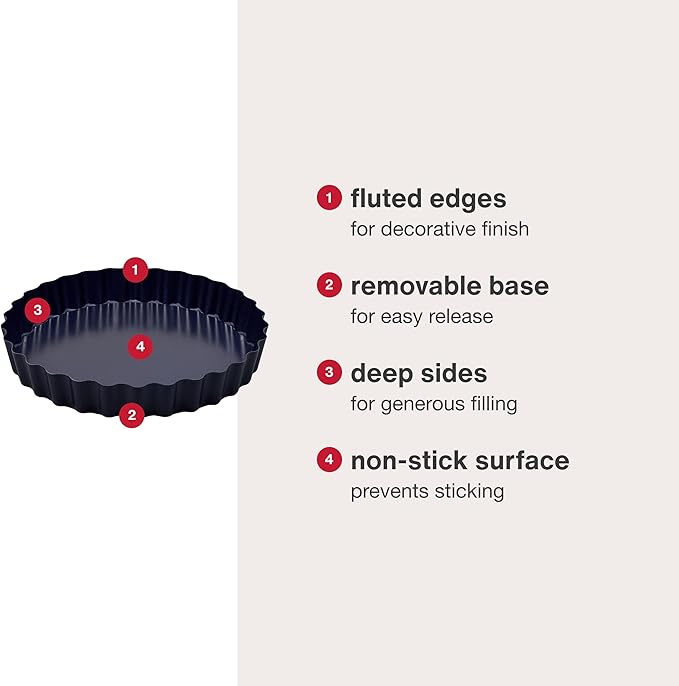 Zyliss E980197 Non-Stick Loose Base Tart Tin | 25cm/10in | Carbon Steel | Dark Blue | Cake Tin/Baking Tin/Bakeware/Cake Mould | Dishwasher Safe | 5 Year Guarantee
