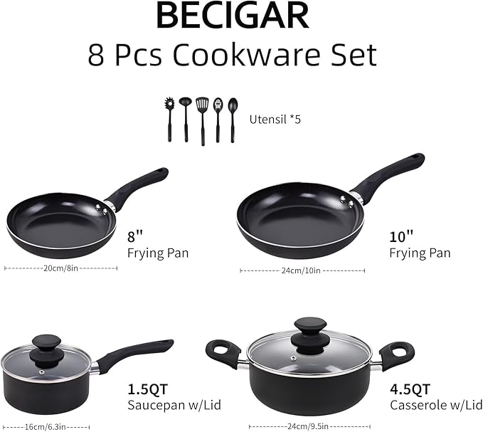 8pcs Black Ceramic Pots and Pans Set, Cooking Pan Set,Cooking Pot Set Ceramic Pan Set, Nonstick Cookware Set, Induction Safe Kitchen Cooking Set with Frying Pans, Saucepans, shovel and Ladle