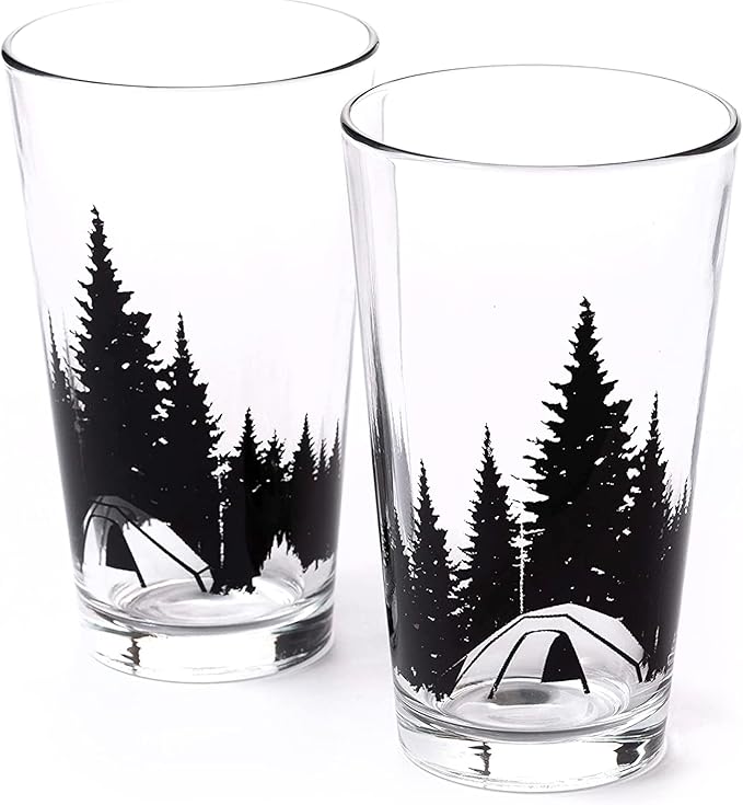 Black Lantern Camping in the Woods Pint Glass Set 16oz Nature-Themed Beer Glasses for Outdoor & Craft Beer Lovers (Set of 2)