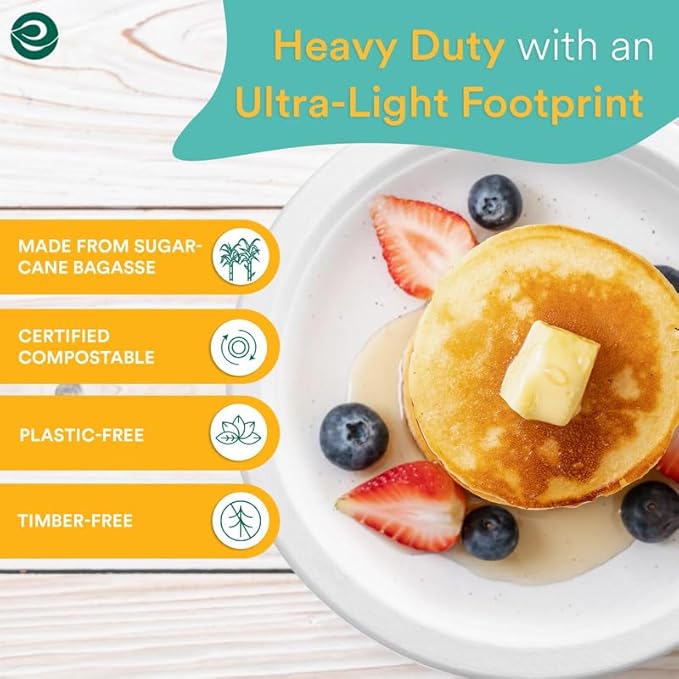 ECO SOUL Compostable 9 Inch(200-Pack) Biodegradable Heavy-Duty Disposable Eco-Friendly Paper Plates for Dinner & Parties, Wedding, Event(White)