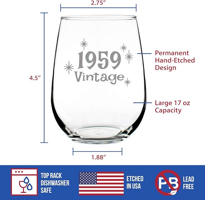Bevvee Vintage 1959 Stemless Wine Glass - 67th Birthday Gifts for Women & Men Turning 67 - Bday Party Decor - Large 17 oz