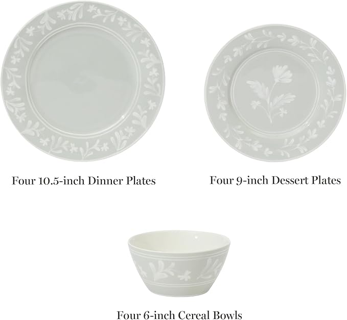Martha Stewart Maiden Crown 12-Piece Sage Green Dinnerware Set – New Bone China Ceramic Plates & Bowls – Floral Design – Service for 4 – Microwave & Dishwasher Safe