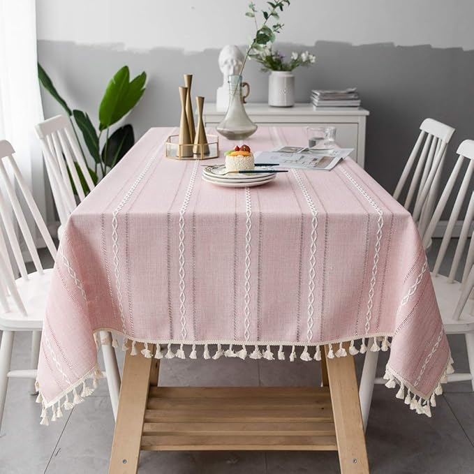 Pahajim Linen Tablecloth Rustic Rectangle Table Cloth Cotton Striped Tassels Tablecloths for Kitchen Dining Table Cover Rectangle/Oblong,55''x87'', 6-8 Seats