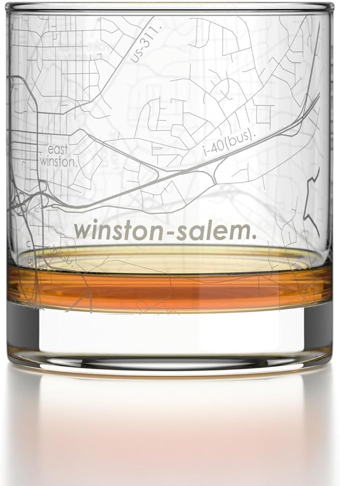 Well Told Engraved Winston-Salem North Carolina Map Rocks Glass, Old Fashioned Glassware (11 oz, Clear) Etched Bourbon Tumbler, Gifts For Whiskey Lovers