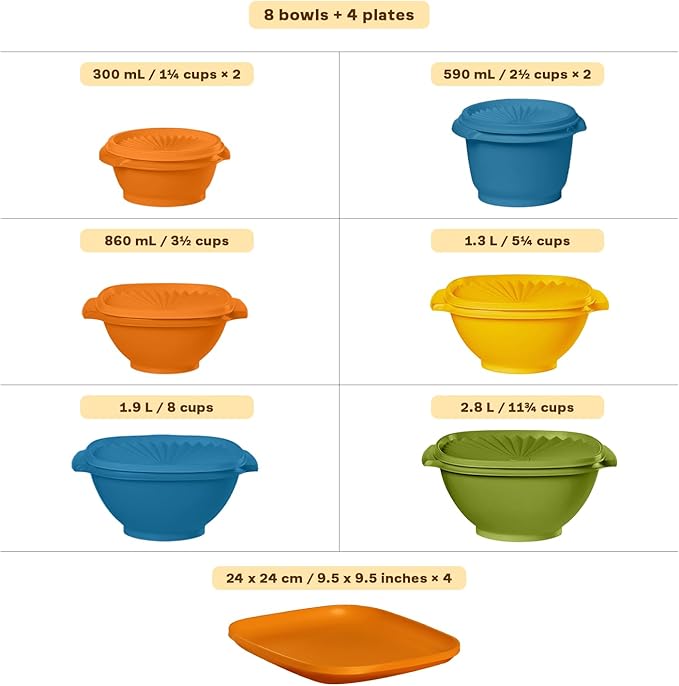 Tupperware Heritage Retro Collection, Bowls & Plates Food Storage Container Set in Retro Colors, Dishwasher Safe and BPA Free