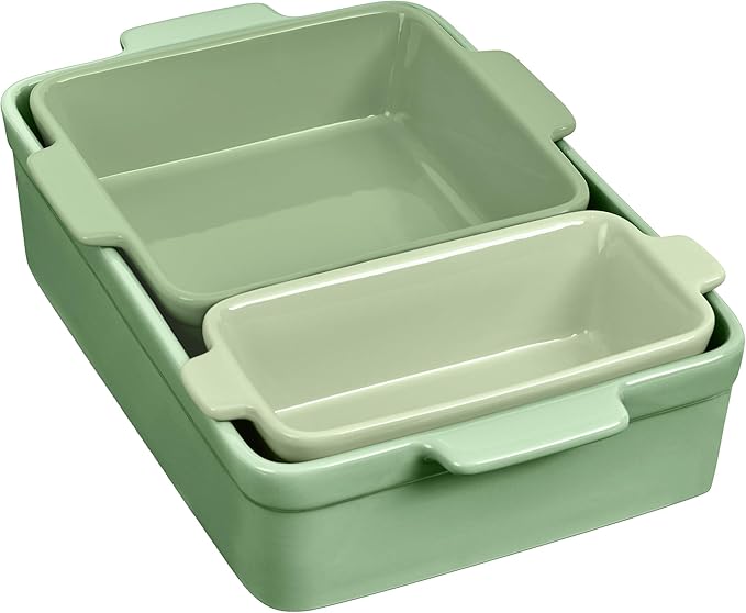 Best Choice Products 3-Piece Ceramic Bakeware Set, Stoneware Baking Dishes, Porcelain Casserole Bakeware Dishes, Serving Dishes - 9x12 Casserole, Loaf Pan, 8x8 Baking Dish - Sage Green