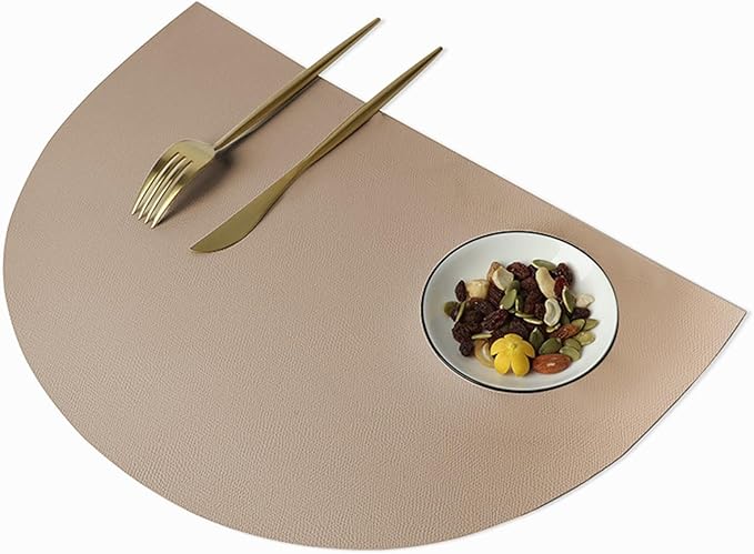 Semicircle PU Leather Table Mat Waterproof Heat Insulation Non-Slip Placemat Tableware Pad Coaster Kitchen Accessories 4pcs(Apricot Color)