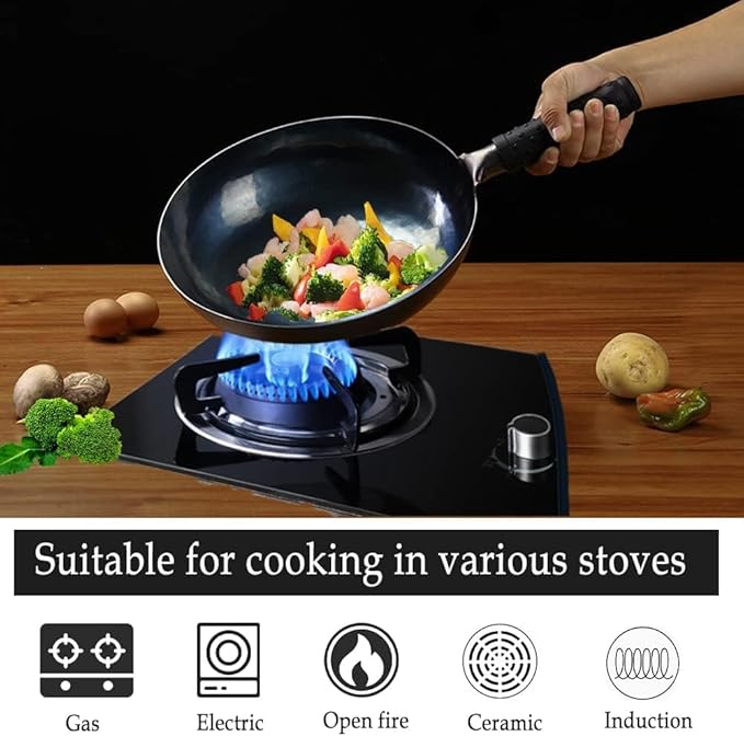 14 Inch Chinese Hand Hammered Iron Wok and Stir Fry Pans with Lid Round Bottom Wok Pan Non-stick No Coating Ideal for Home Use and Gift Giving