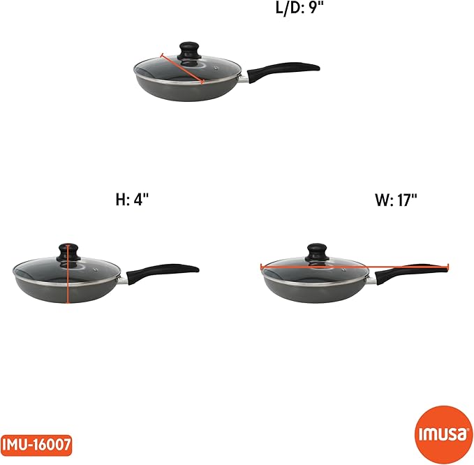 IMUSA 9.5-Inch Ceramic Nonstick Sauté Pan with Lid – Deep Gray Aluminum Skillet with Glass Cover & Cool-Touch Handle – Ideal for Sautéing, Stir-Frying, Steaming, Braising & Searing