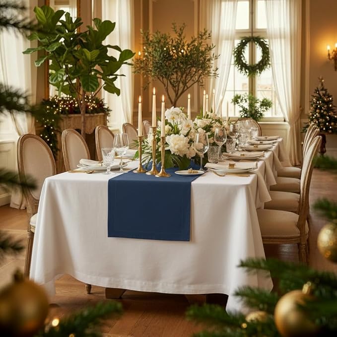 D'Moksha Homes Linen Navy Blue Table Runner 72 Inches Long - 100% Pure Linen 14 x 72 Inch Table Runner for Dining, Easter - Machine Washable