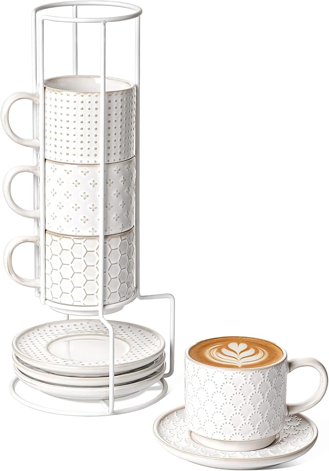 LE TAUCI Stackable Cappuccino Cups with Saucers and Stand, 8 oz Large Ceramic Coffee Cup Set for Café Au Lait, Latte, Tea Cup and Saucer Set of 4, Microwave & Oven Safe, Embossed, White