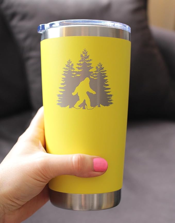 Bevvee Bigfoot - Insulated Coffee Tumbler Cup with Sliding Lid - Stainless Steel Insulated Mug - Funny Bigfoot Gifts for Sasquatch Enthusiasts - Yellow