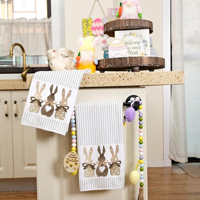 ARKENY Easter Kitchen Towels Set of 2,Beige Bunny Dish Towels 18x26 Inch Drying Dishcloth,Farmhouse Home Seasonal Spring Decorations AD220