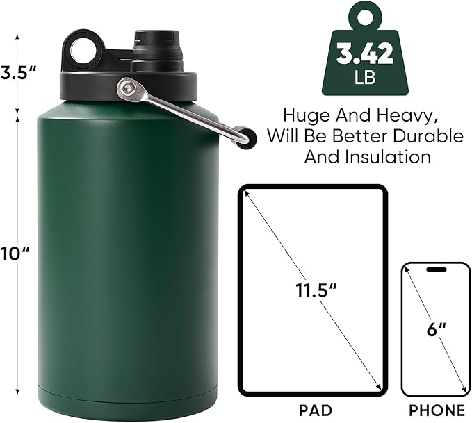 Insulated Gallon Jug with Handle, One Gallon, 128oz Stainless Steel, Large Double Vacuum Water Bottle for Cold Drinks, Wide Mouth, Sweat Proof, Carrier bag, Great for Travel, Camping, Green
